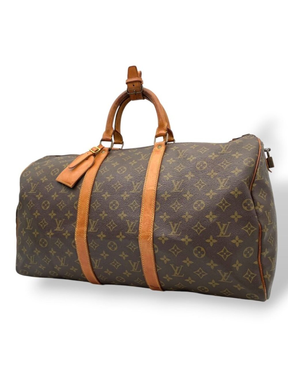 Louis Vuitton Keepall 50 Monogram Boston Bag Travel Leather Brown Gold Padlock